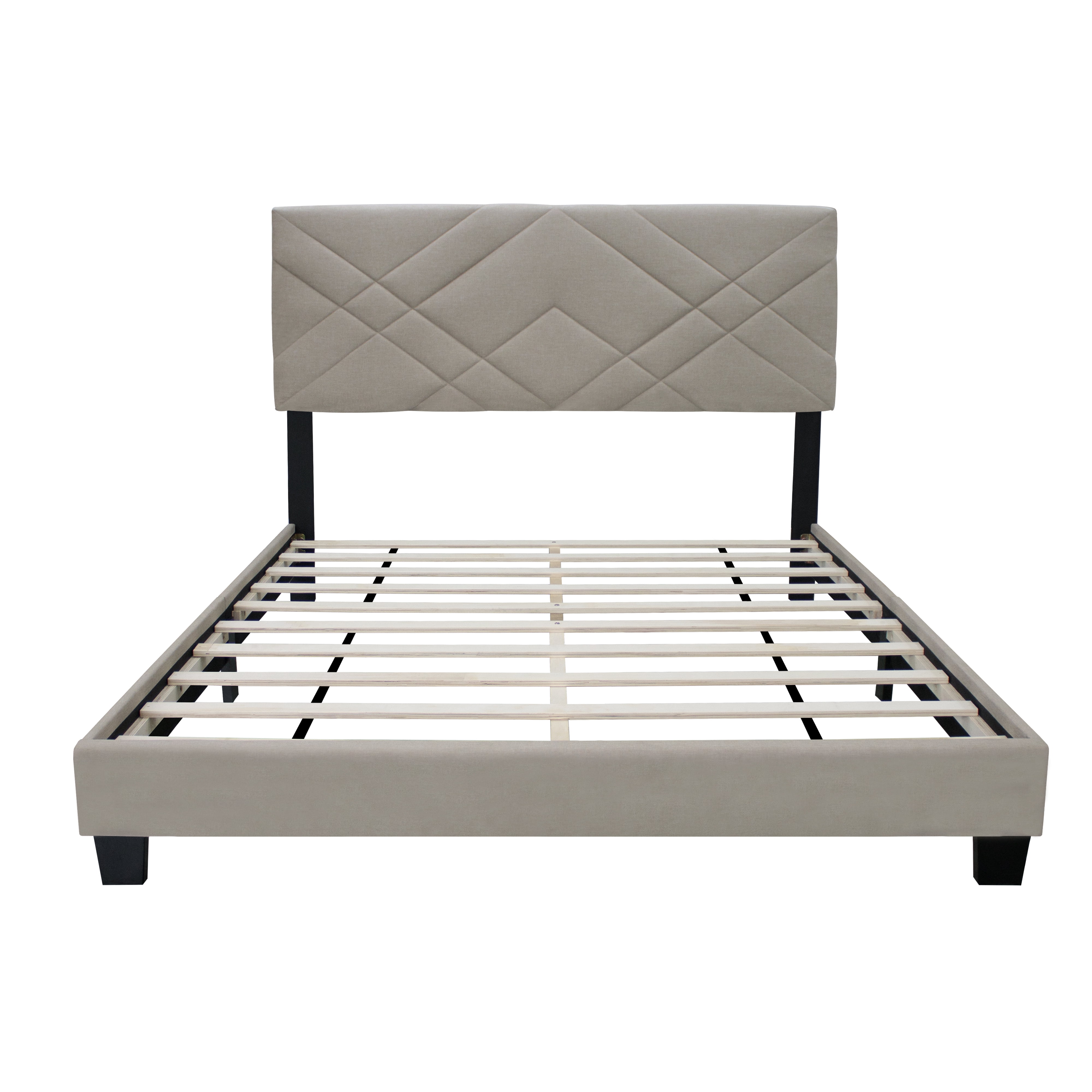 Euroco Upholstered Queen Size Platform Bed, Adjustable Headboard, Beige