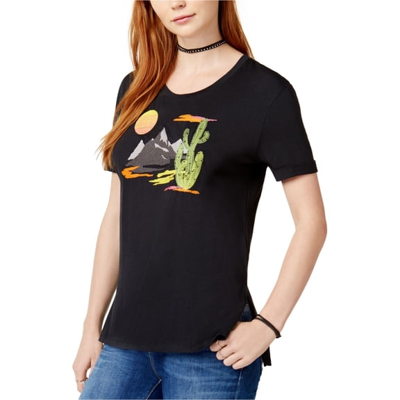 Carbon Copy Womens Embroidered Embellished T-Shirt, Black, Small