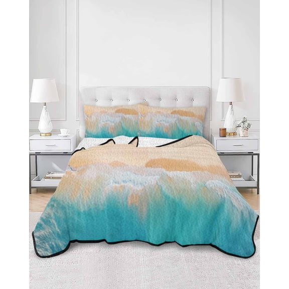 Quilts King Size, Orange Aqua Coastal Soft Comforter Bedding Set for Bed, Summer Beach Seaside Nautical Lightweight Quilted Bedspread with Pillow Cover(2 Pieces) for All Season, 96x106 Inch