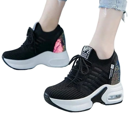 

Female Running Shoes Breathable PU Height Increase Shoes for Birthday Christmas Gifts 36 Black