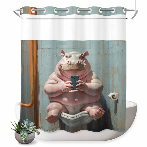 Funny Animal No Hook Shower Curtain Hippo Sitting on Toilet Hippo Playing Phone Shower Curtain with See Through Top Window, Waterproof Washable Fabric Curtain for Bathroom Hotel Decor, 72Wx72L