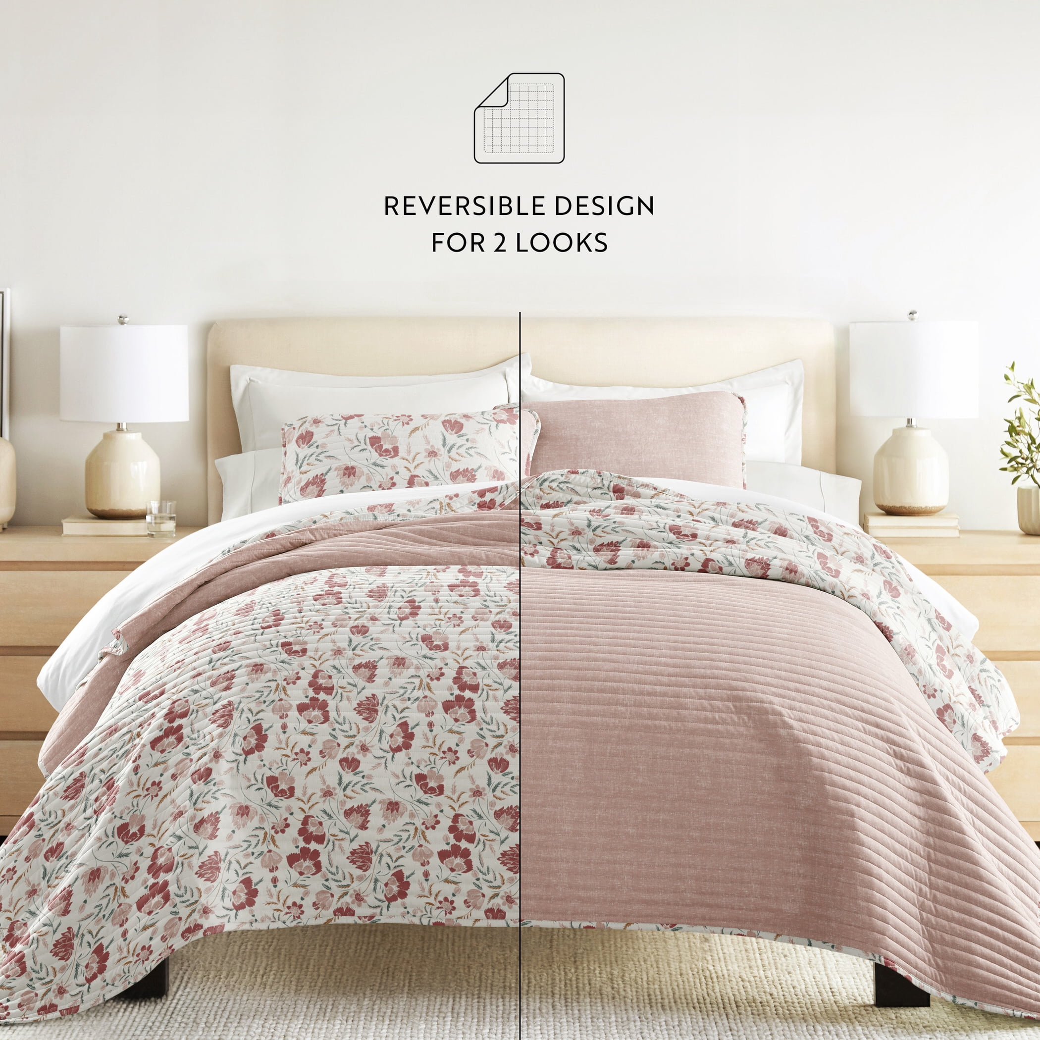 Noble Linens 3-Piece Rose French Jacobean Reversible Quilt Set, Queen