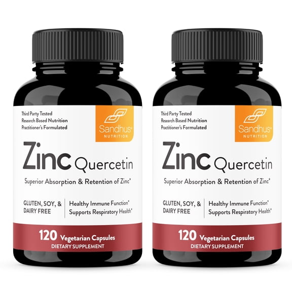 Sandhu's Zinc Quercetin 120 Vegetarian Capsules (Pack of 2) | High Absorption Zink Supplements for Immunity and Seasonal Allergy | Antioxidant Immune Support for Men and Women | Easy to Swallow