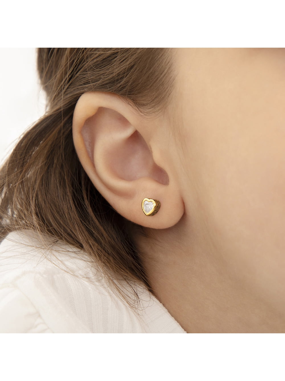 Heart CZ Bezel Clear Kids Earrings Screw Back - Sterling Silver Gold Plated