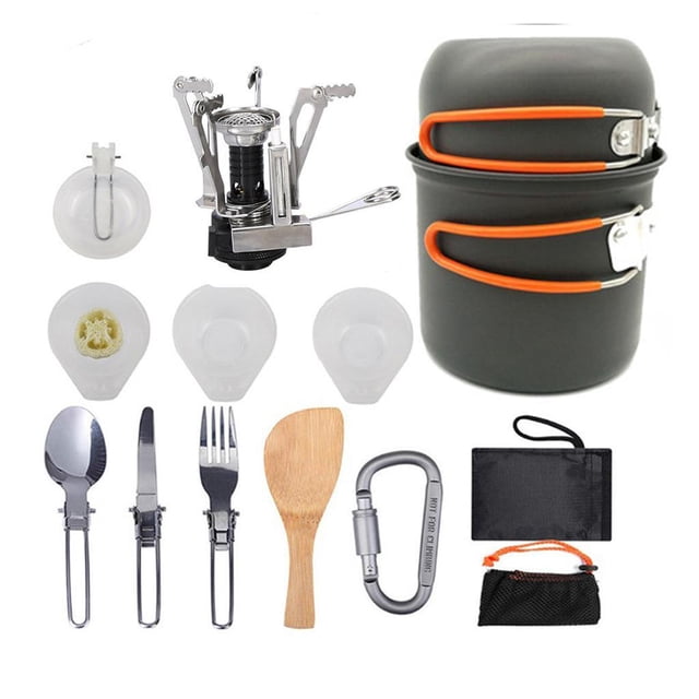 Soidarity 11pcs Camping Cookware Mess Kit w/ Carabiner Pot Set Stoves Kits de desorden para acampar naranja negro