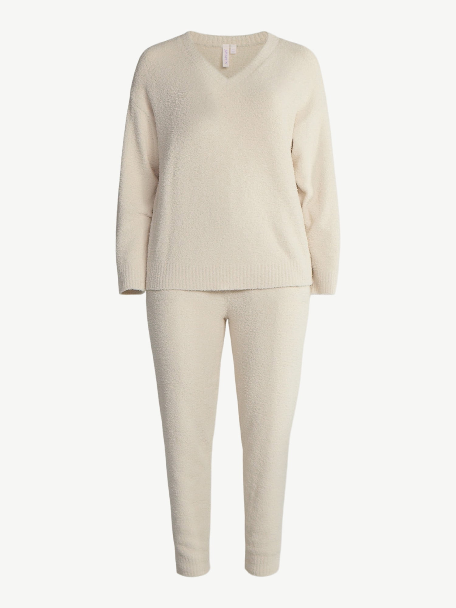 Joyspun Women's Fuzzy Knit V-Neck Top and Joggers Set, 2-Piece, Sizes XS-3X