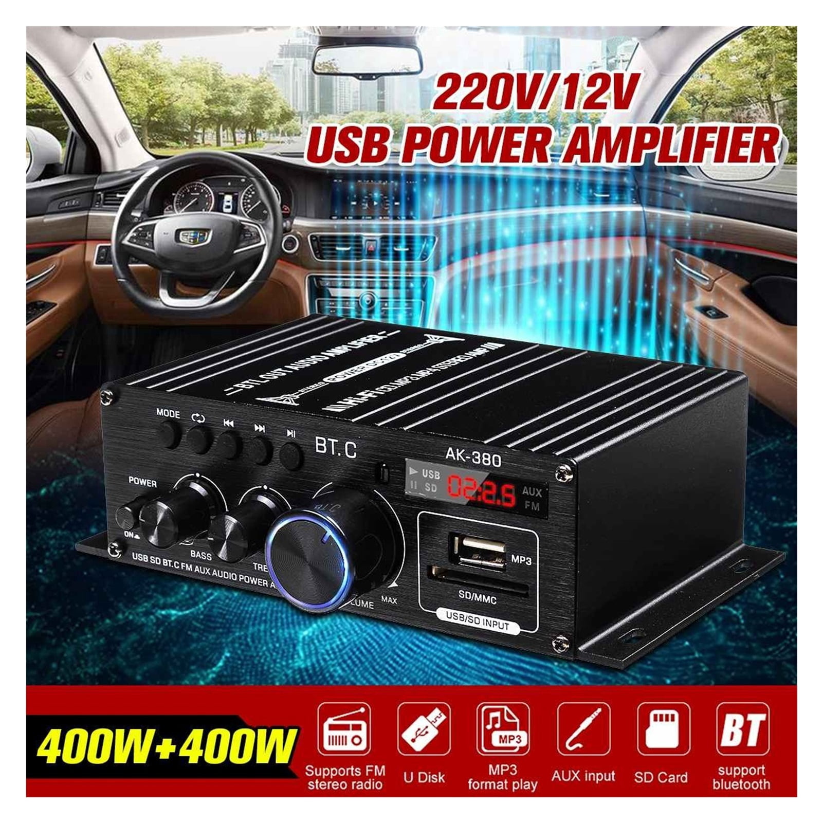 Ak380 Digital Amplifier Stereo BASS Audio Player Car Speaker Bluetooth 5.0 Receiver Power Hifi Amplifier Music Player For Home ,Wide Application