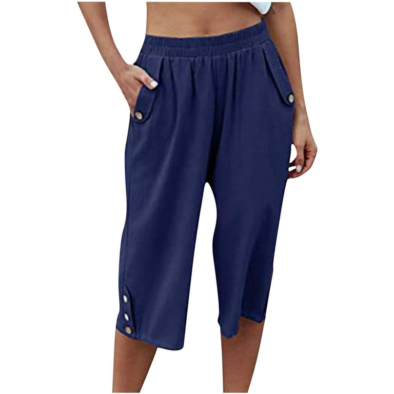 Womens Elastic Waist Loose Cropped Trousers Summer 3/4 Length Shorts Capri  Pants