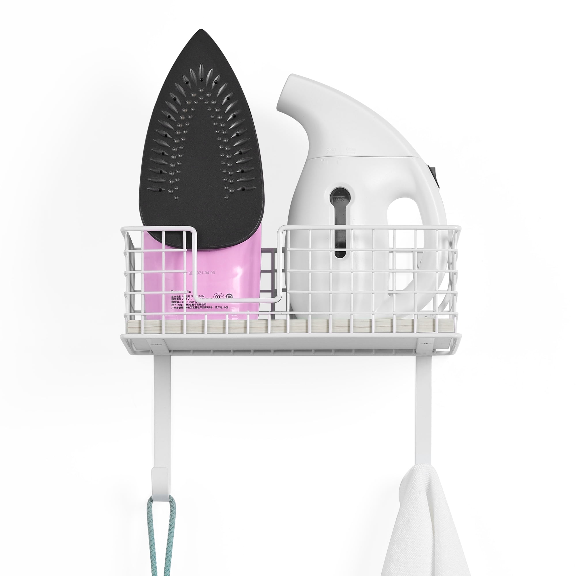 Oumilen Wall Mount Ironing Board Hanger for T-Leg with Storage Basket and Removable Hooks, White