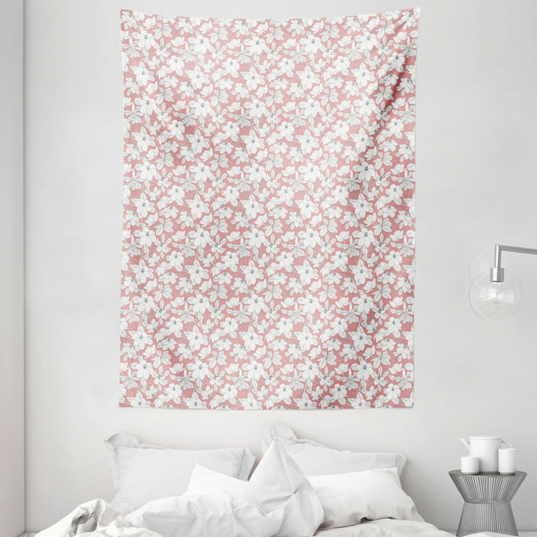 Pink Floral Tapestry, Cute Spring Pattern with Magnolia Flowers and Leaves,  Wall Hanging for Bedroom Living Room Dorm Decor, 60W X 80L Inches, Pastel Pink  Charcoal Grey and White, by Ambesonne 