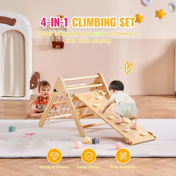 Pikler Triangle Set, 4 in 1 Toddler Climbing Toys Indoor Playground, Large Size Wooden Climbing Gym for Toddlers 1-3 Years, Montessori Climbing Set wi