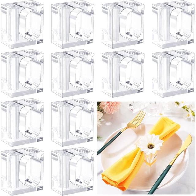 PinesC UrbanMingle Flower Acrylic Napkin Holder for Cloth Napkins Flower Bud Square Napkin Ring Clear Napkin Holders Bud Vase Combo for Wedding, Birthday Banquet Table Decor, 1.77 x 1.97 Inch(24 P