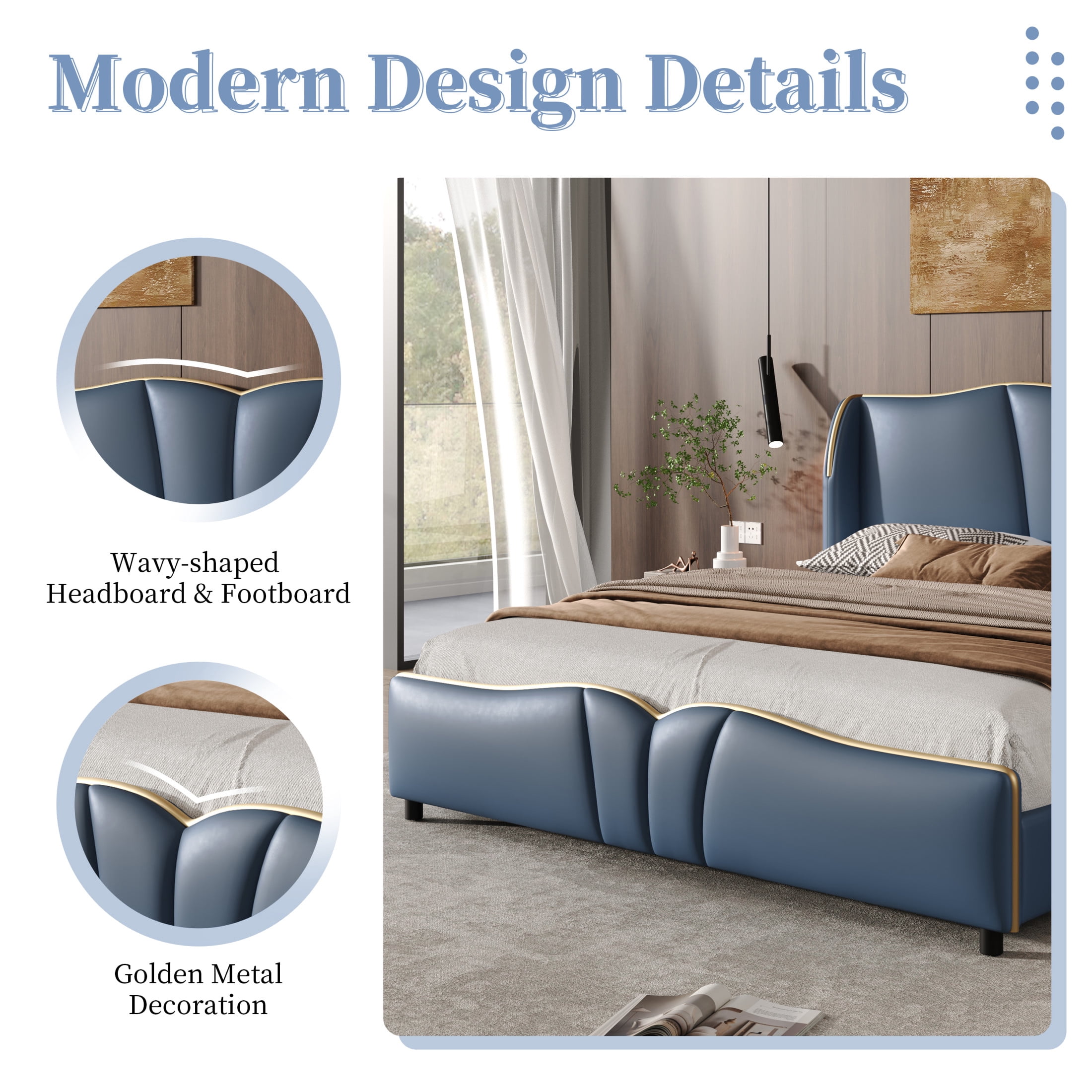 Christopher Knight Home Luxury PU Upholstered Queen Bed Frame with Wingback Headboard, Antique Blue