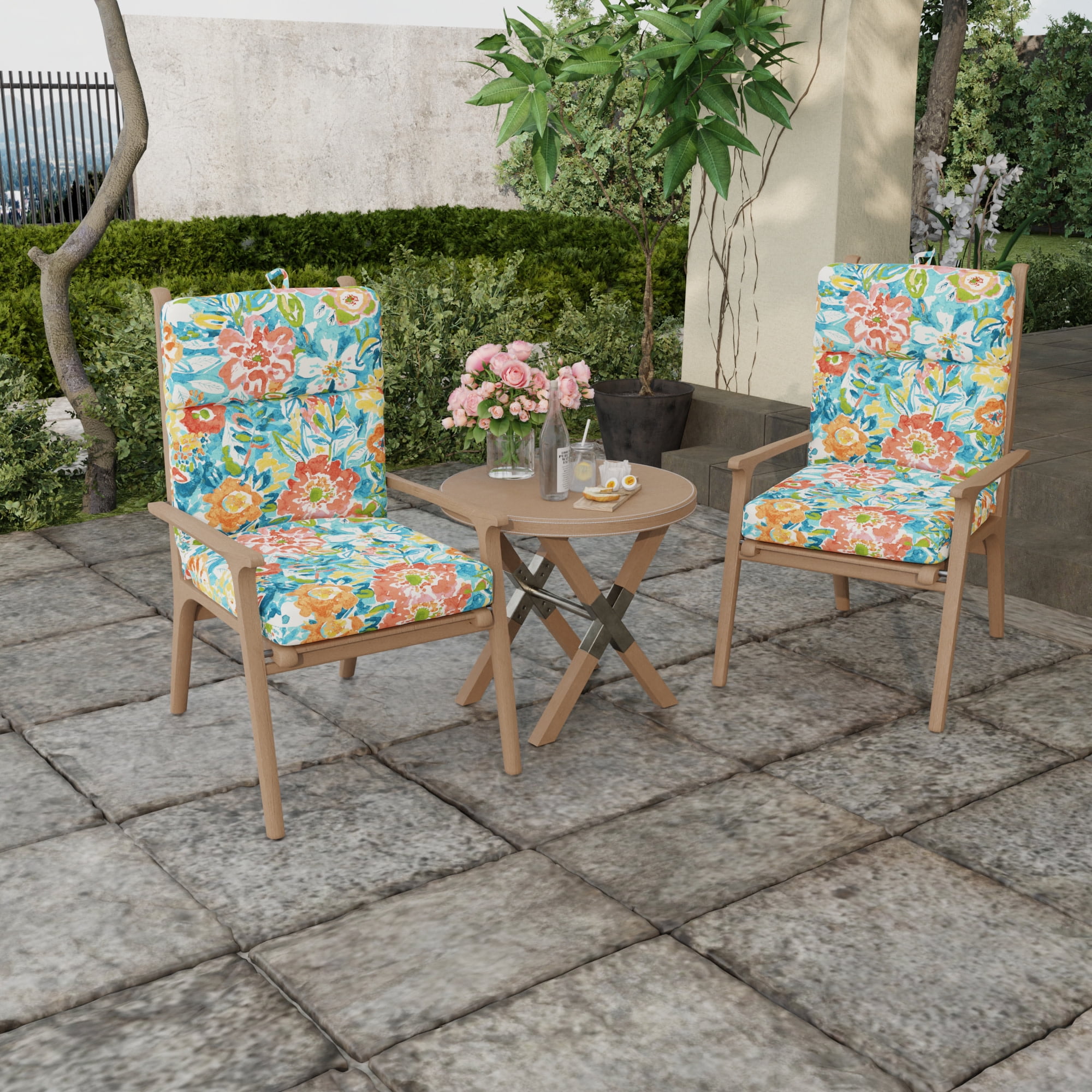 Jordan Manufacturing 44" x 22" Sun River Sky Multicolor Floral Rectangular Outdoor Chair Cushion with Ties and Hanger Loop