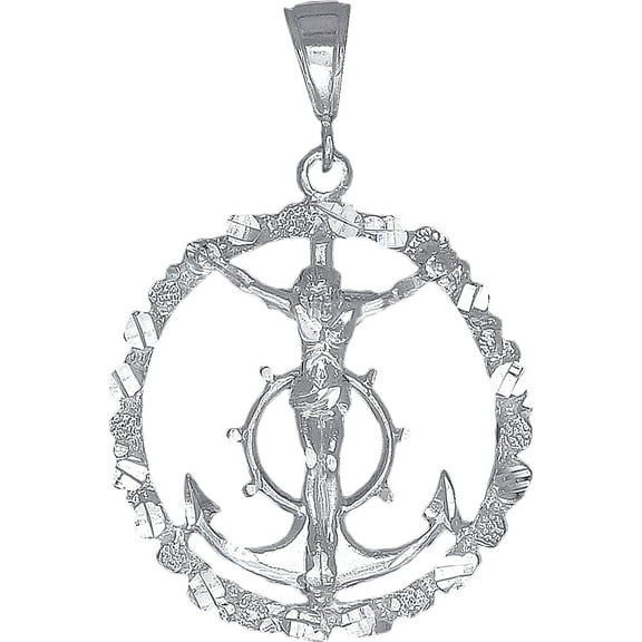 Large Sterling Silver Anchor Cross with Jesus Nugget Style Pendant Necklace 2.2 Inches 7.3 Grams with Diamond Cut Finish and 24 Inch Figaro Chain