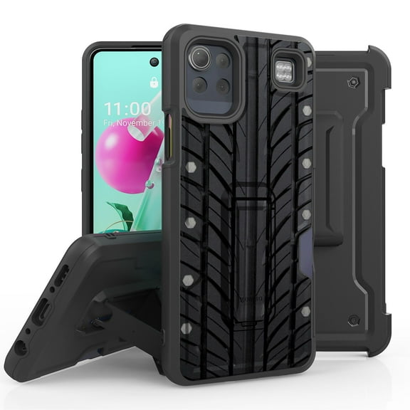 ANJ  Rugged Hybrid Shockproof Case w/Kickstand   Holster Clip Card Slot Cover for LG K92 5G - Tire Track