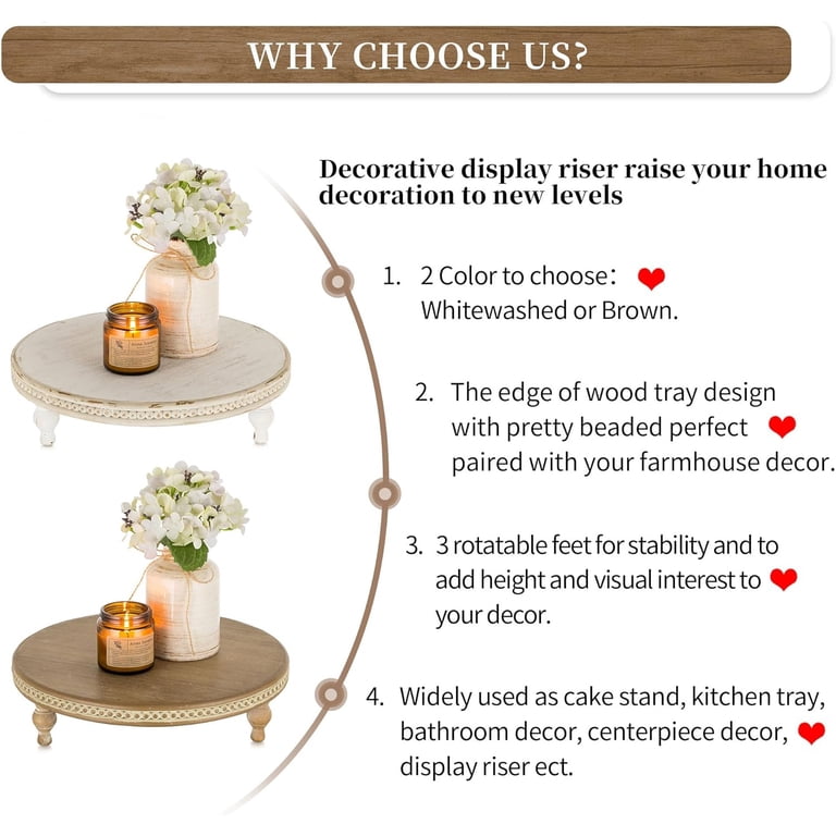 Hanobe Farmhouse Round Pedestal Tray, Whitewashed Wood photo 5