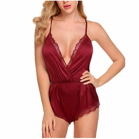 Summer Savings Clearance! STETMN Satin Pajamas Women Lace Sleepwear Lingerie Cami Shorts Set Nightwear Wine M