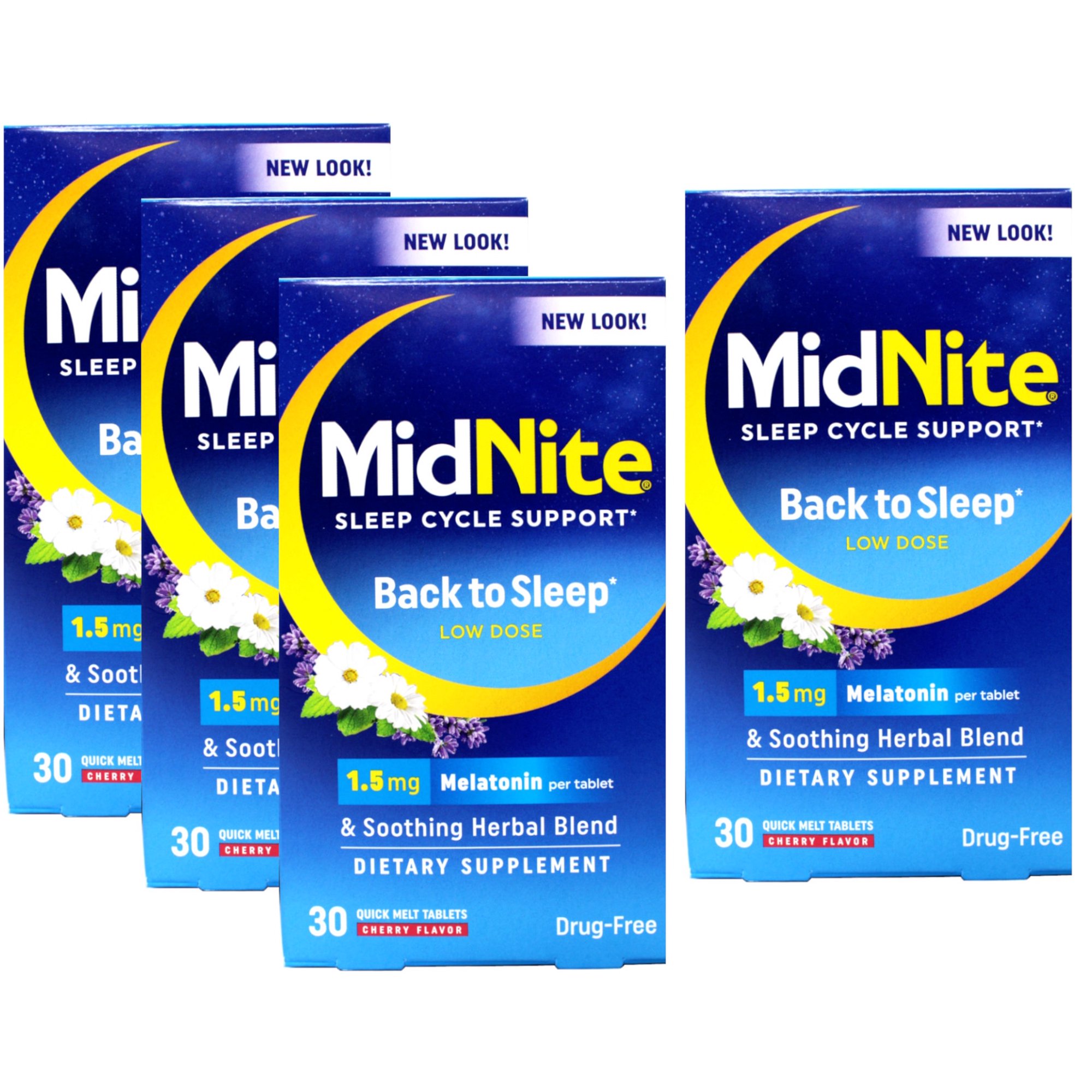 MidNite Sleep Cycle Support – Back to Sleep Low Dose, 1.5 mg Melatonin with Soothing Herbal Blend, Cherry Flavor, 30 Quick Melt Tablets, Drug-Free (Pack of 4)