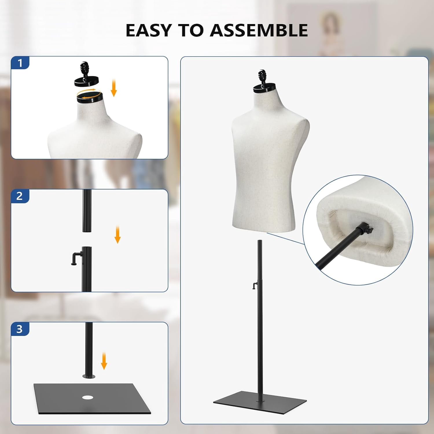 VINGLI Male Mannequin Torso with Wooden/Metal Stand, Adjustable Height Male Dress Form Body for Clothing Display and Sewing