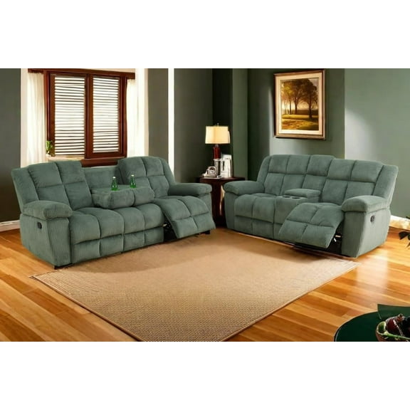 PonLiving Corduroy Recliner Sofa and Loveast Set with Overstuffed Arms, 2-Piece Green Living Room Office Couch Set