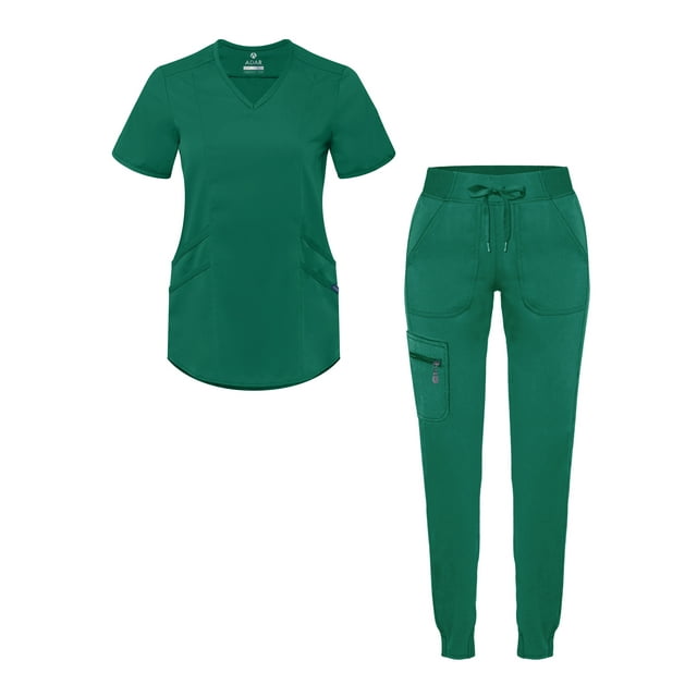 Adar Pro Modern Athletic Scrub Set For Women - Modern V-Neck Scrub Top & Yoga Jogger Scrub Pants