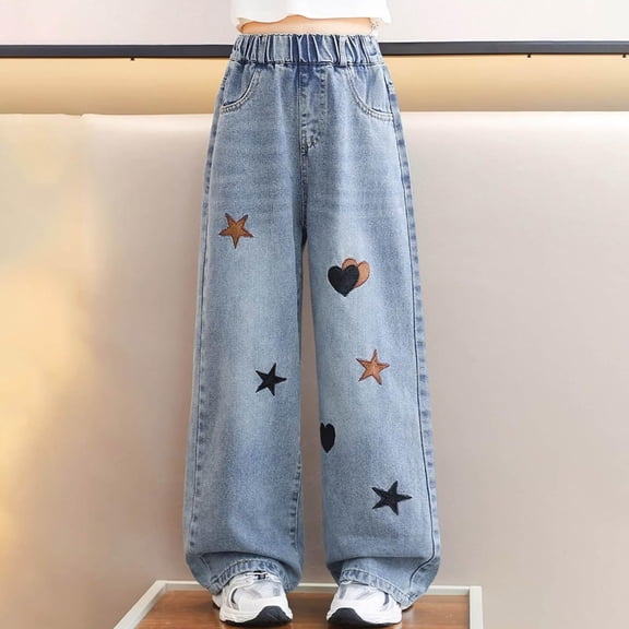 XIMIN Kid Girls Loose Jeans Baggy Heart Embroidery Elastic Waist Mid Rise Wide Leg Jeans Denim Pants Vintage Y2k Streetwear Aesthetic Loose Teen Clothes