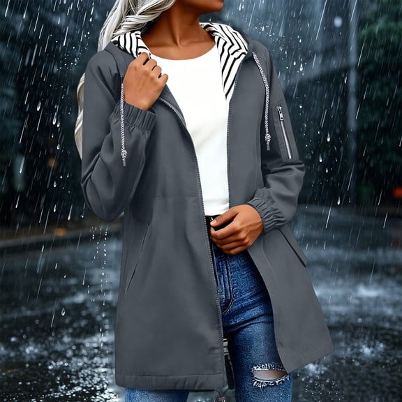 Sevevn Rain Jacket Women Striped Lined Hooded Lightweight Raincoat Outdoor Waterproof Windbreaker Gray S
