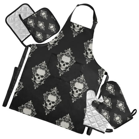 

5 Pcs Kitchen Set Heat Resistant Oven Mitts and Non-Slip Pot Holders with Adjustable Cooking Apron Cool Skulls Filigree