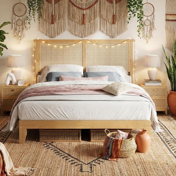 Rattan Bed Frame Queen Size with Natural Rattan Headboard & LED Lights, Wood Queen Bed Frame with Solid Wood Foundation, No Box Spring Needed, Natural