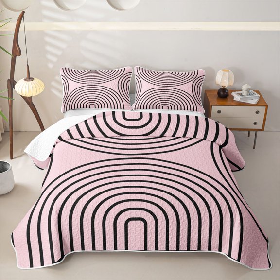 Homewish Abstract Stripes Twin Quilt Set,Classic Geometric Twin Coverlet Set,Pink Black,2pcs