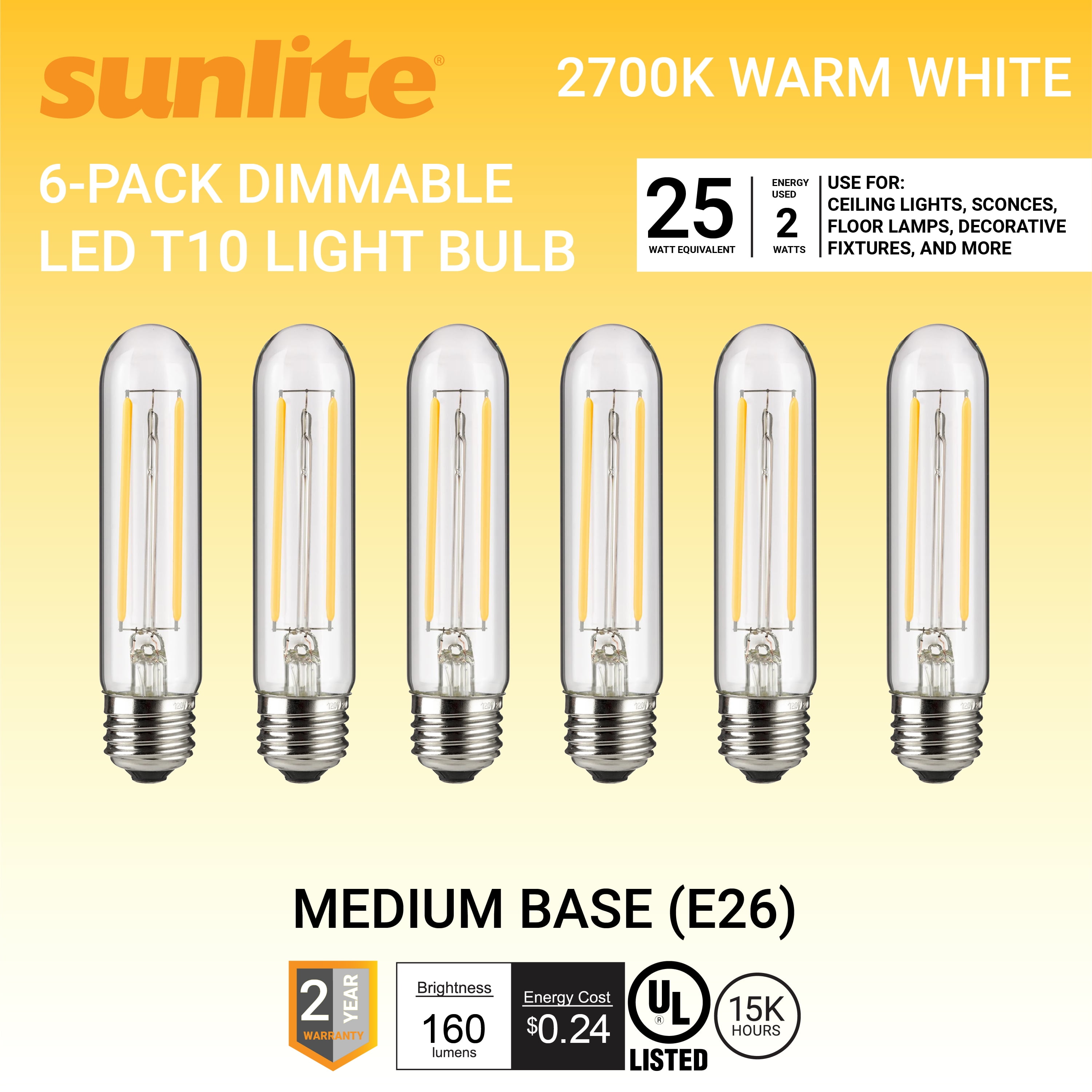 Sunlite LED Filament T10 Tubular Light Bulb, Vintage Edison Style, E26 ...