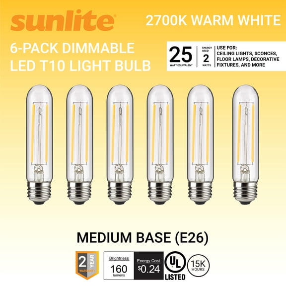 Sunlite LED Filament T10 Tubular Light Bulb, Vintage Edison Style, E26 Base, 2 Watts (25W Equivalent), 160 Lumens, Dimmable, UL Listed, 2700K - Warm White, 6 Pack
