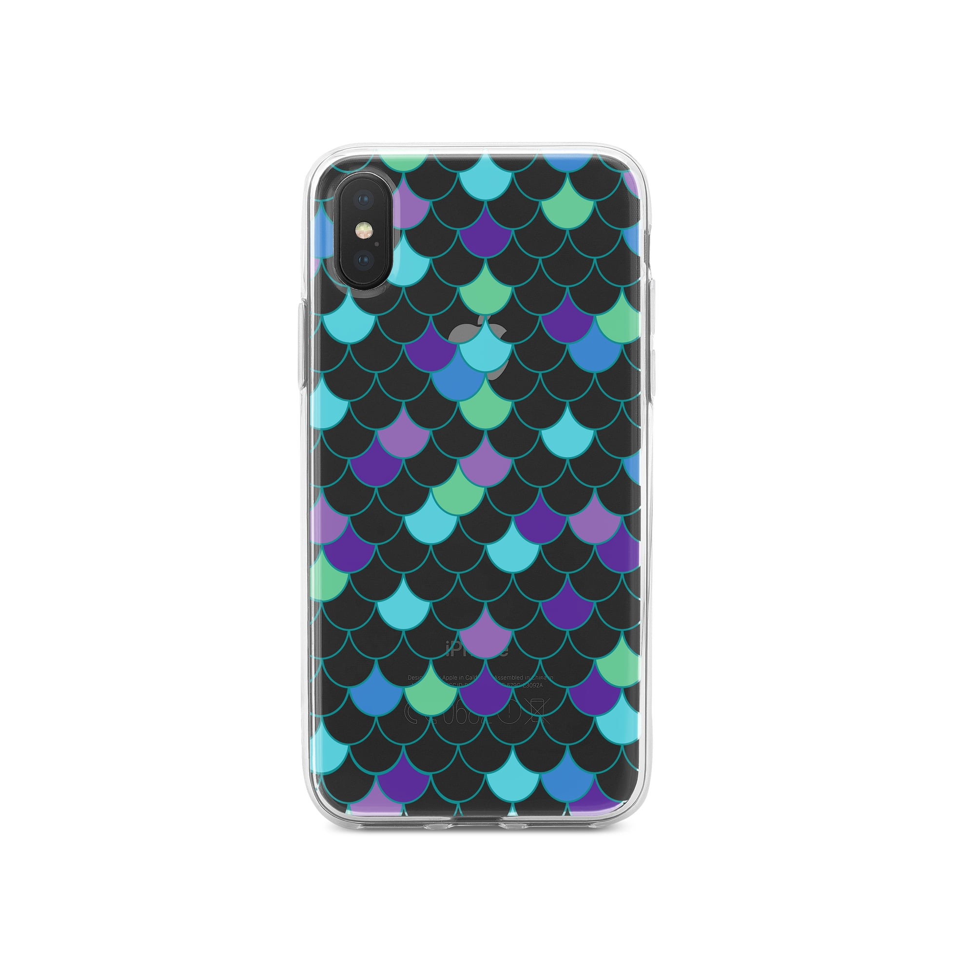 DistinctInk Clear Shockproof Hybrid Case for iPhone XS Max (6.5" Screen) - TPU Bumper, Acrylic Back, Tempered Glass Screen Protector - Mermaid Scales