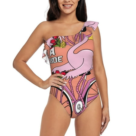 Tideii Flamingo Riding a Bicycle for One shoulder Ruffled Swimsuit  One Piece Tummy Control Swimsuit Summer Swimwear for Adult Women-Small
