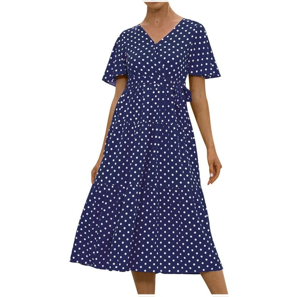 Vestido de verano fluido con estampado floral con cordones y manga corta con cuello en V para mujer Fridja nalpqowj4547