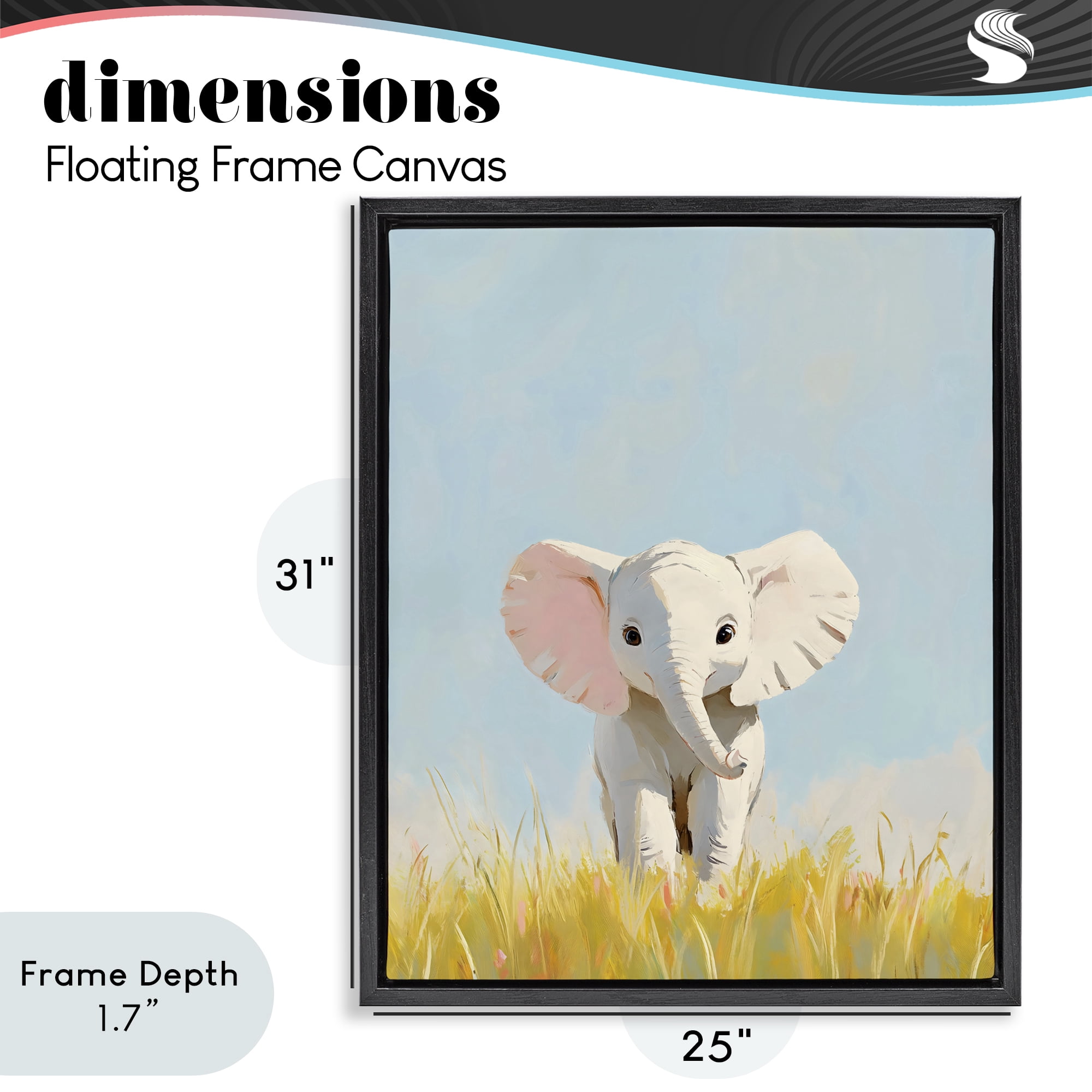 Stupell Industries White Baby Elephant in Grass Black Framed Floater Canvas Wall Art, design by The Prints Vibe