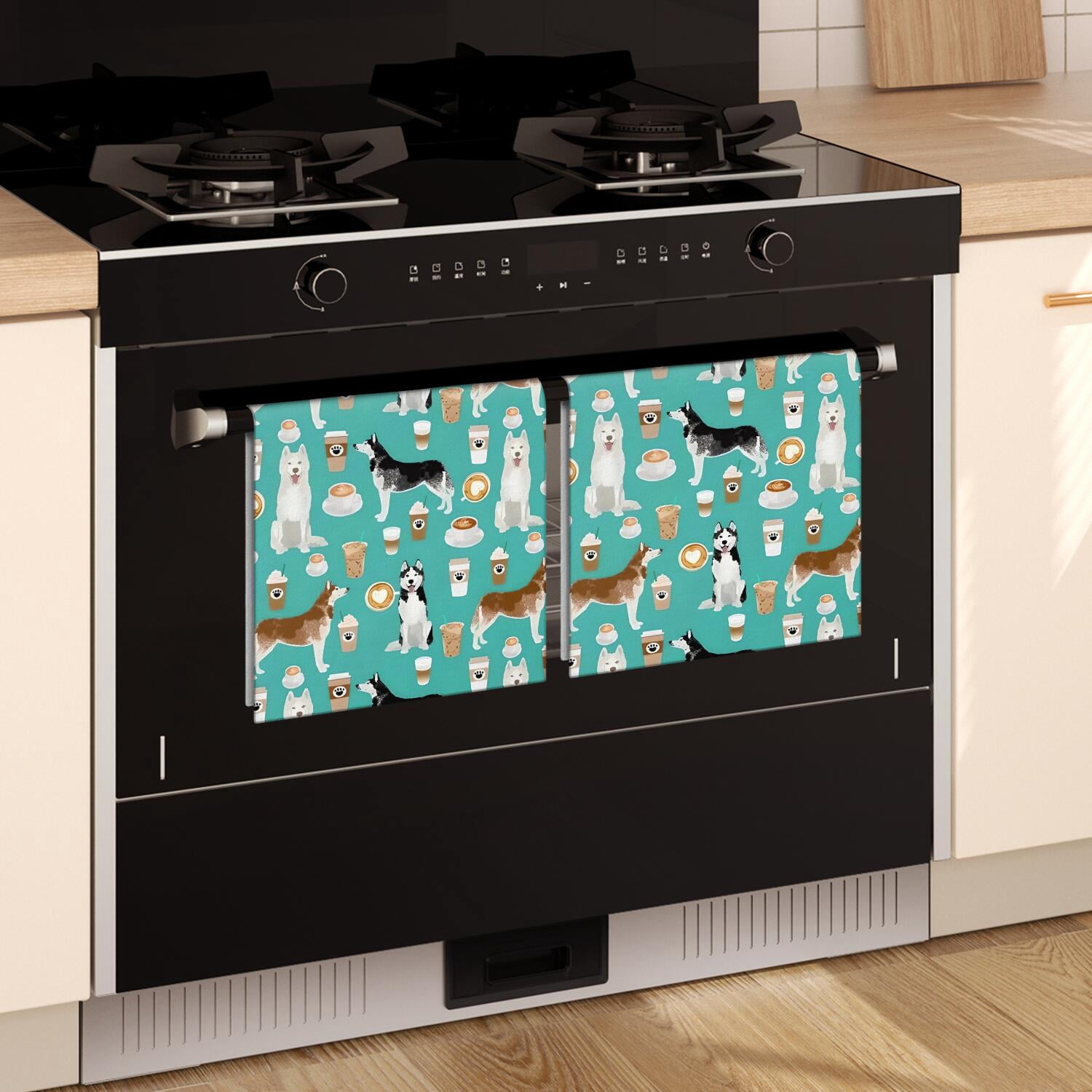 4 Pcs Funny Kitchen Towels,Husky and Coffee Microfiber Dish Towels,Kitchen Tea Towels,Kitchen Towel Set (18" X 26")