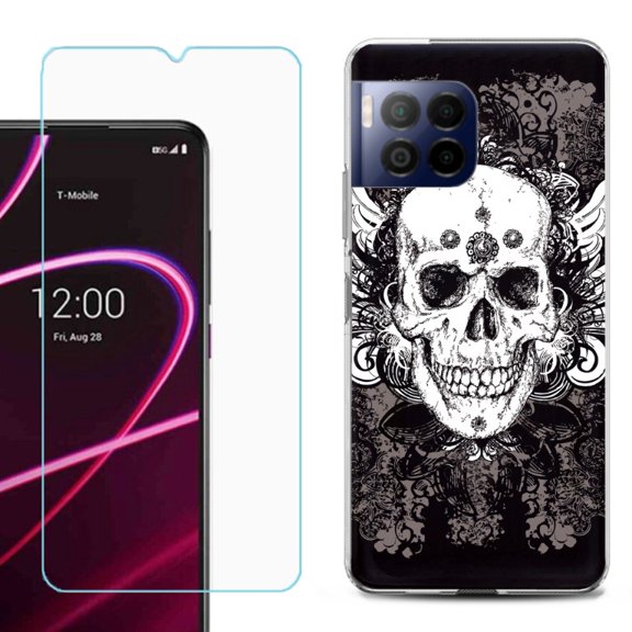 For T-Mobile Revvl 7 Pro 5G Phone Case, Shockproof Case Cover with Tempered Glass Screen Protector, by OneToughShield - Grunge Skull