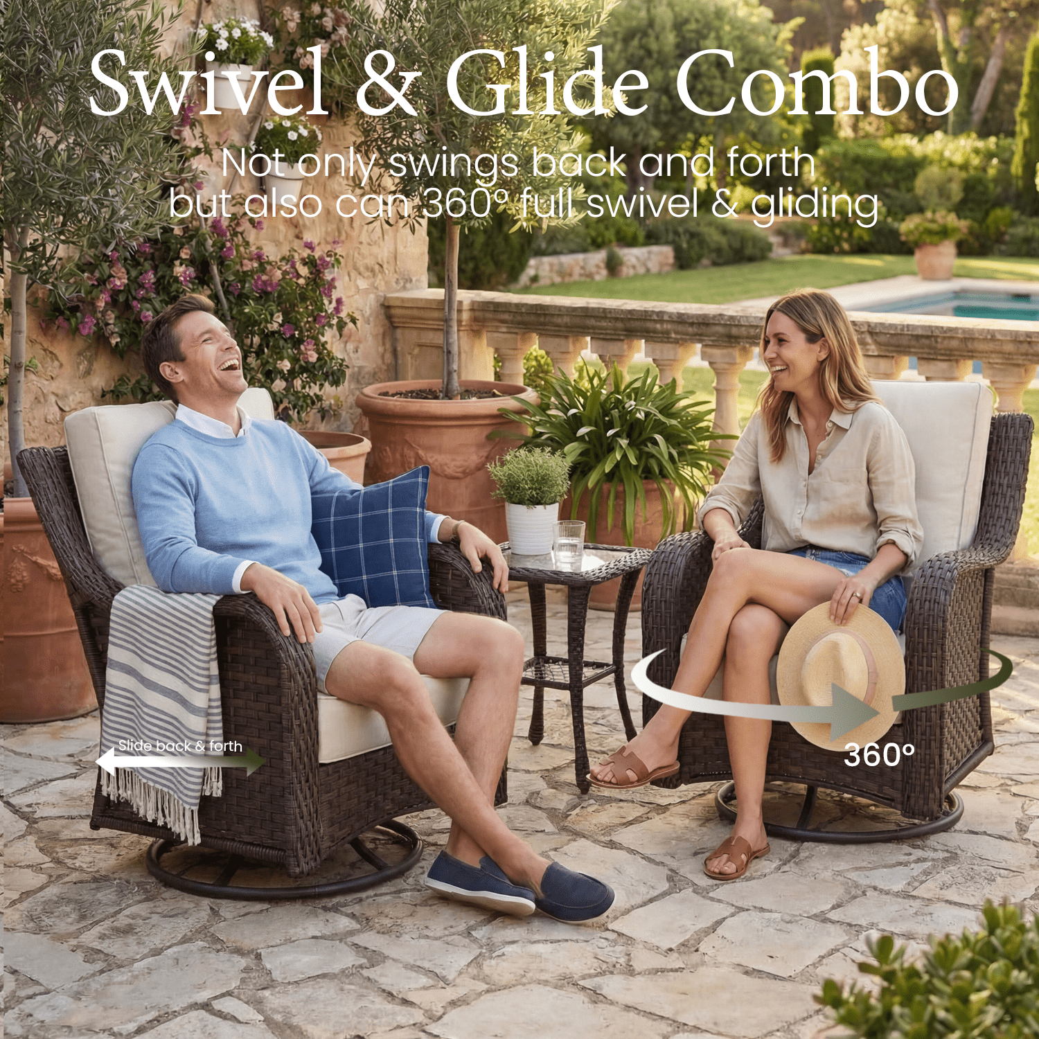 LayinSun 3 Piece Wicker Outdoor Furniture Set with 6-inch Comfy Cushions, High Back Patio Furniture Set with Rattan Armchairs and Side Table