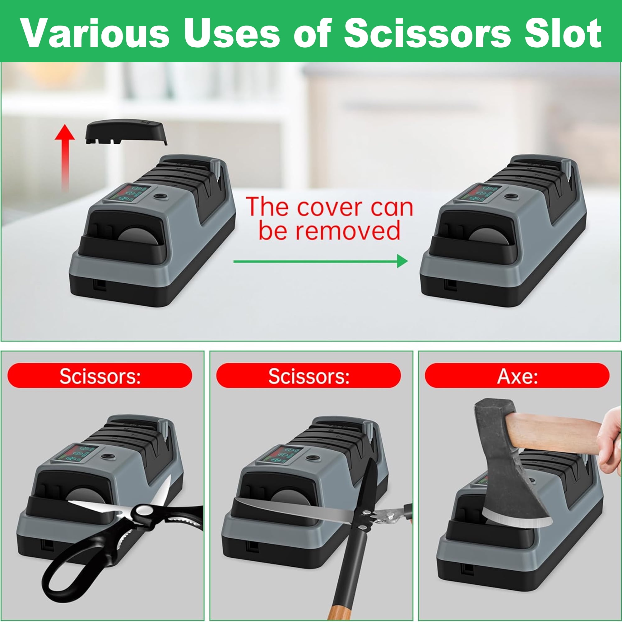 5 in 1 Electric Knife Sharpener with LCD Screen, 3 Rotational Speed Adjustable, 100% Diamond Abrasives, Electric Knife Sharpener for Straight, Serrated, Meat Cleaver, Ceramic Knives & Scissors, Gray