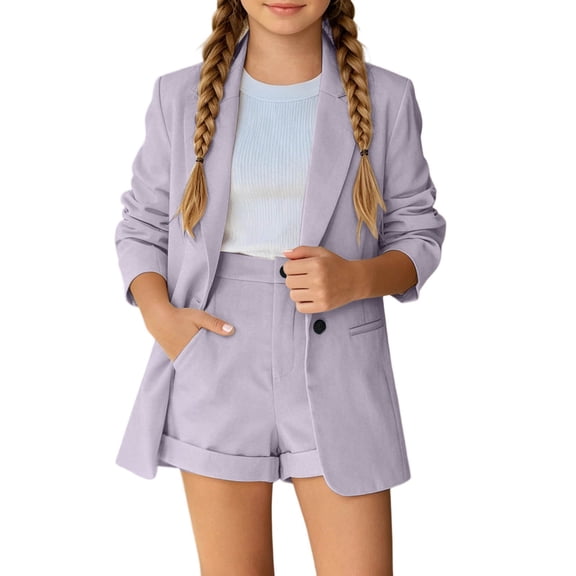 Girls 2 Piece Outfits Button Front Long Sleeve Blazer and Short Pants Suit Sets,Light Purple 3-4 Years
