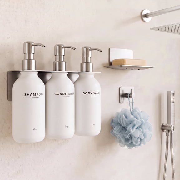 Nurforta Shampoo and Conditioner Dispenser - Shower Soap Dispenser Wall Mounted - 17 fl oz Set of 3 Plastic Bottles with Stainless Steel Pumps & No-Drill Adhesive Holders for Bathroom, Silver