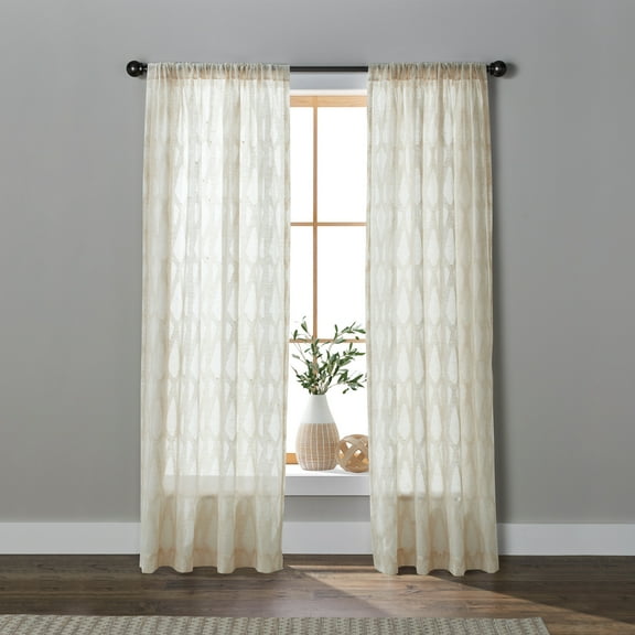 Better Homes & Gardens Clipped Geo Polyester Cotton Sheer Single Panel Curtain, Rod Pocket/Back Tab, Beige, 54"x84"