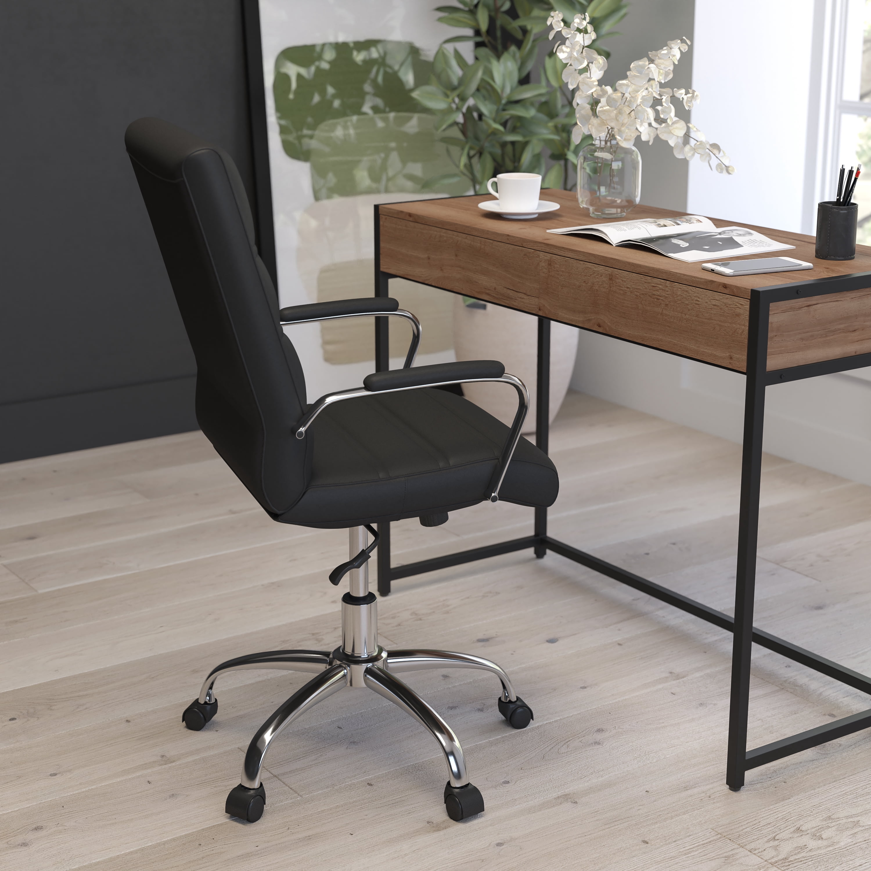 Merrick Lane Contemporary Mid-Back Black Faux Leather Home Office Chair with Padded Chrome Arms