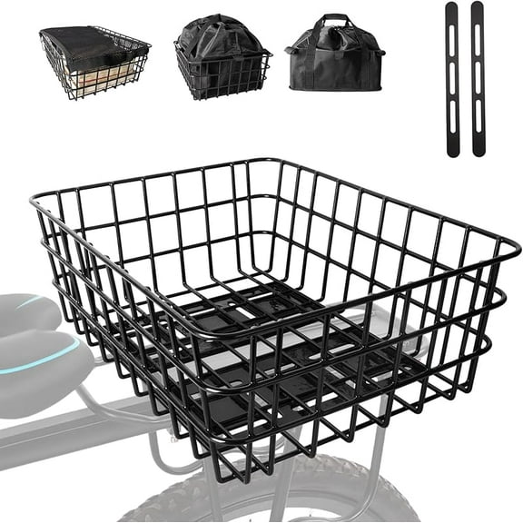 Large Heavy-Duty Bike Rear Basket – with Liner, Waterproof Cover & Cargo Net, Fits Most Bikes & E-Bikes