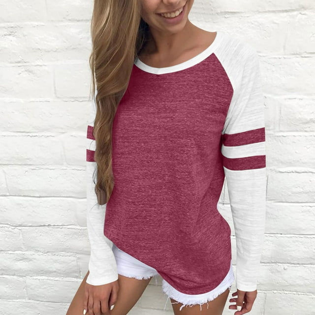 aidice Shirts for Women Round Neck Long Sleeve Loose Pullover Casual Comfy Fall Color Block Blouses Tops