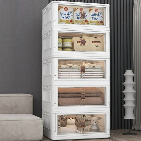 KHNR 5 Storage Bins with 5 Lids, 78 Qt White Closet Organizers and Storage, 5 Packs Stackable Storage Bin with Wheels,Double Door Collapsible Storage Bins for Home and Office,Clear White