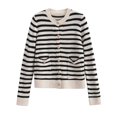 thumbnail image 7 of new autumn women's fashionable round neck single-breasted pocket black and white striped sweater top - black bottom and white stripes - M, 7 of 7