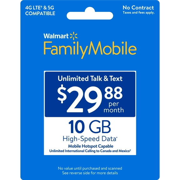 Walmart Family Mobile $29.88 Unlimited Talk & Text Monthly Prepaid Plan (10GB at High Speed, then 2G*) e-PIN Top Up (Email Delivery)